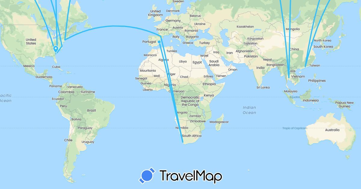TravelMap itinerary: driving, boat in China, Spain, France, Thailand, United States, South Africa (Africa, Asia, Europe, North America)